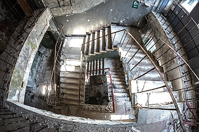 Downward view of Historical restoration needed for stairwell